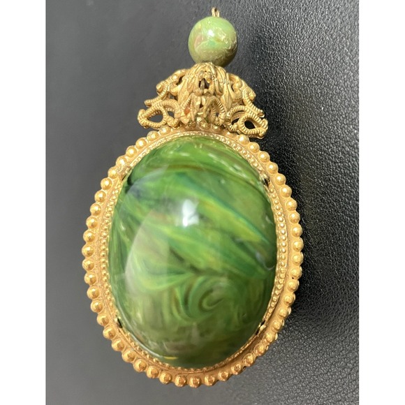 Miriam Haskell Jewelry - Vintage Miriam Haskel Pendant Egg Green Swirl Orb Pendant Gold Tone Filigree